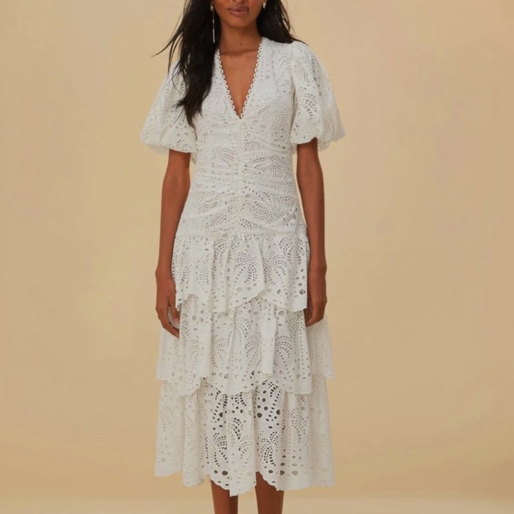FARM Rio White Eyelet Midi Dress